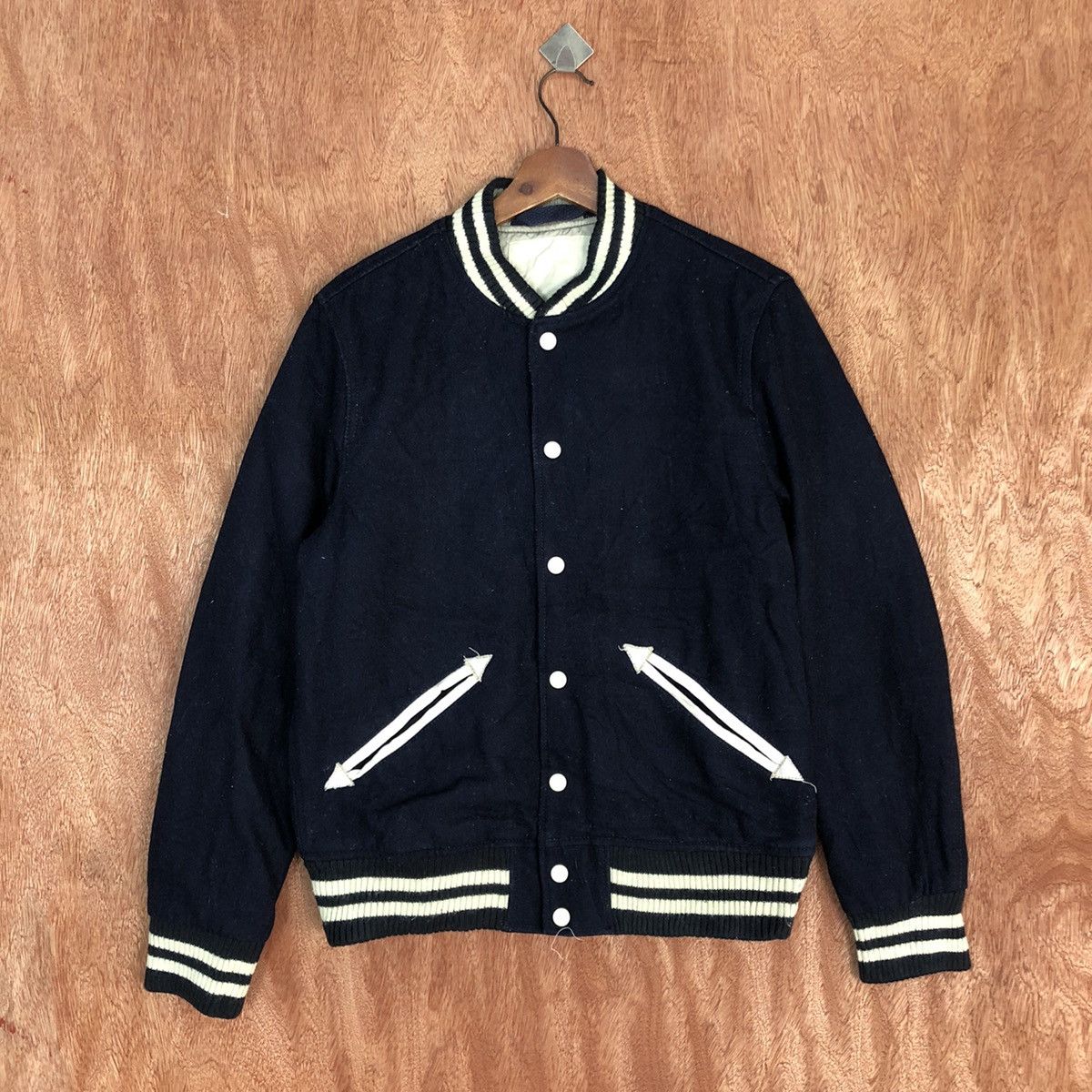 Vintage Japan Dark Blue plain Varsity Jacket #H301 Size US M / EU 48-50 / 2 - 1 Thumbnail