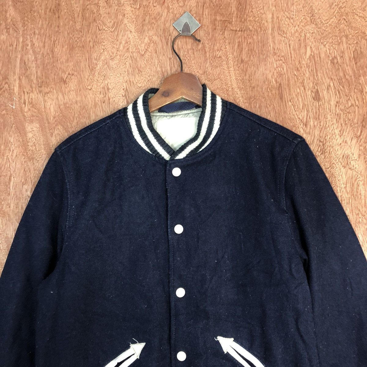 Vintage Japan Dark Blue plain Varsity Jacket #H301 Size US M / EU 48-50 / 2 - 2 Thumbnail