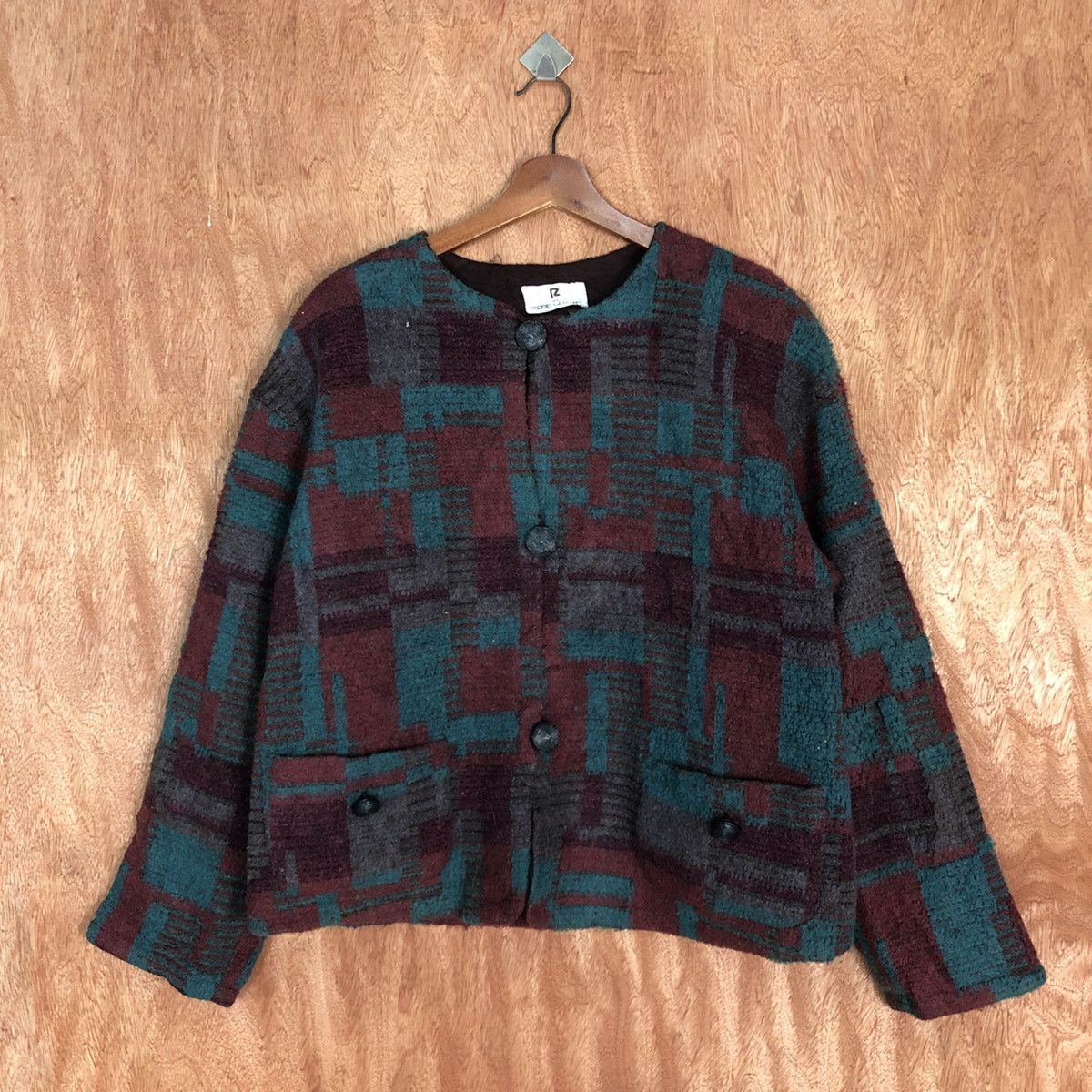 Japanese Brand Robe Co. Lto Maroon checkered cardigan Knitwear #H227 Size L / US 10 / IT 46 - 3 Thumbnail