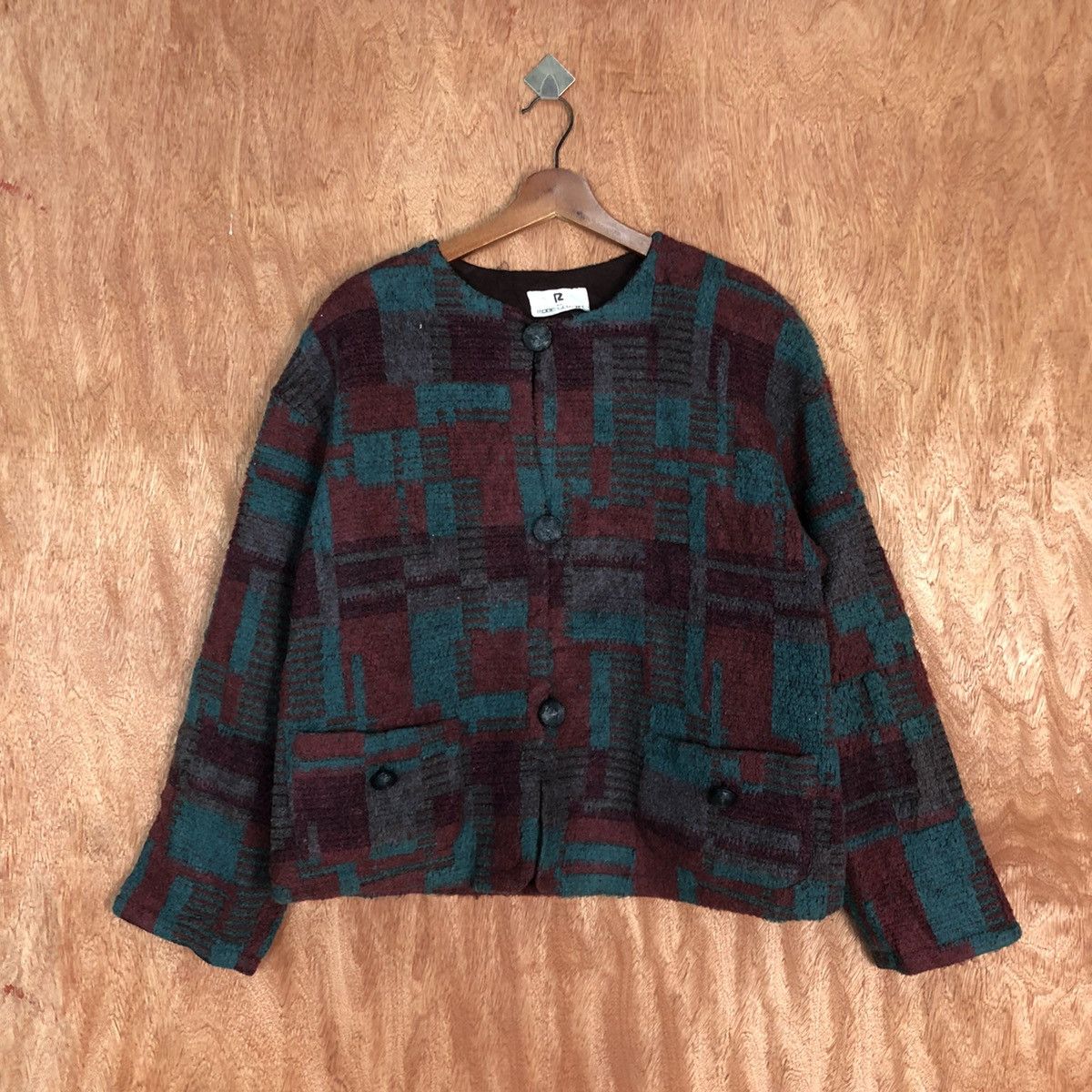 Japanese Brand Robe Co. Lto Maroon checkered cardigan Knitwear #H227 Size L / US 10 / IT 46 - 1 Thumbnail