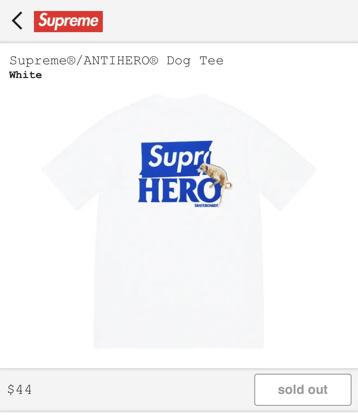 supreme Anti Hero Dog Tee whit L-