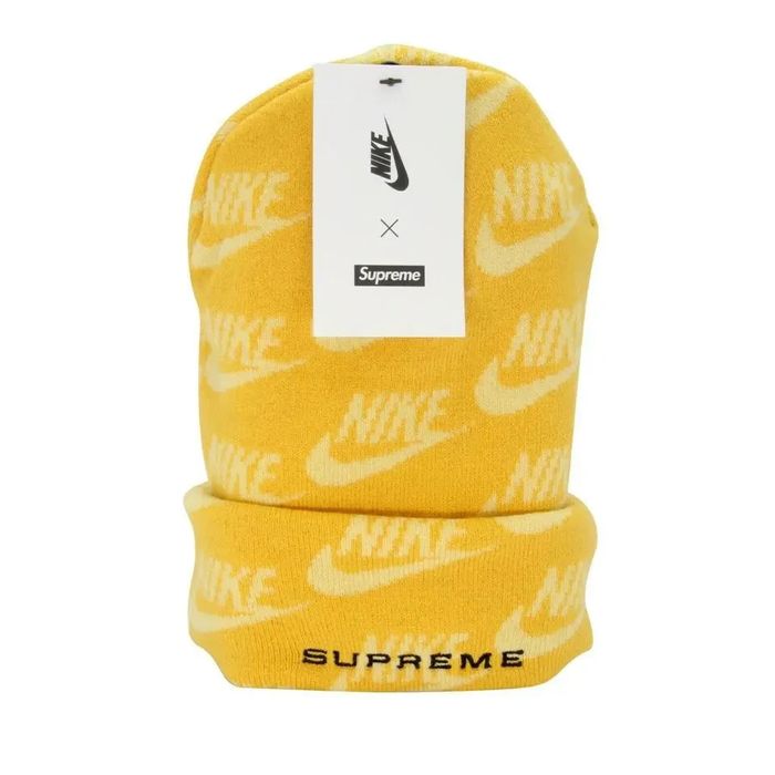 Supreme Yellow Swoosh Pattern Beanie Jacquard Logos Spring 2021 Hat