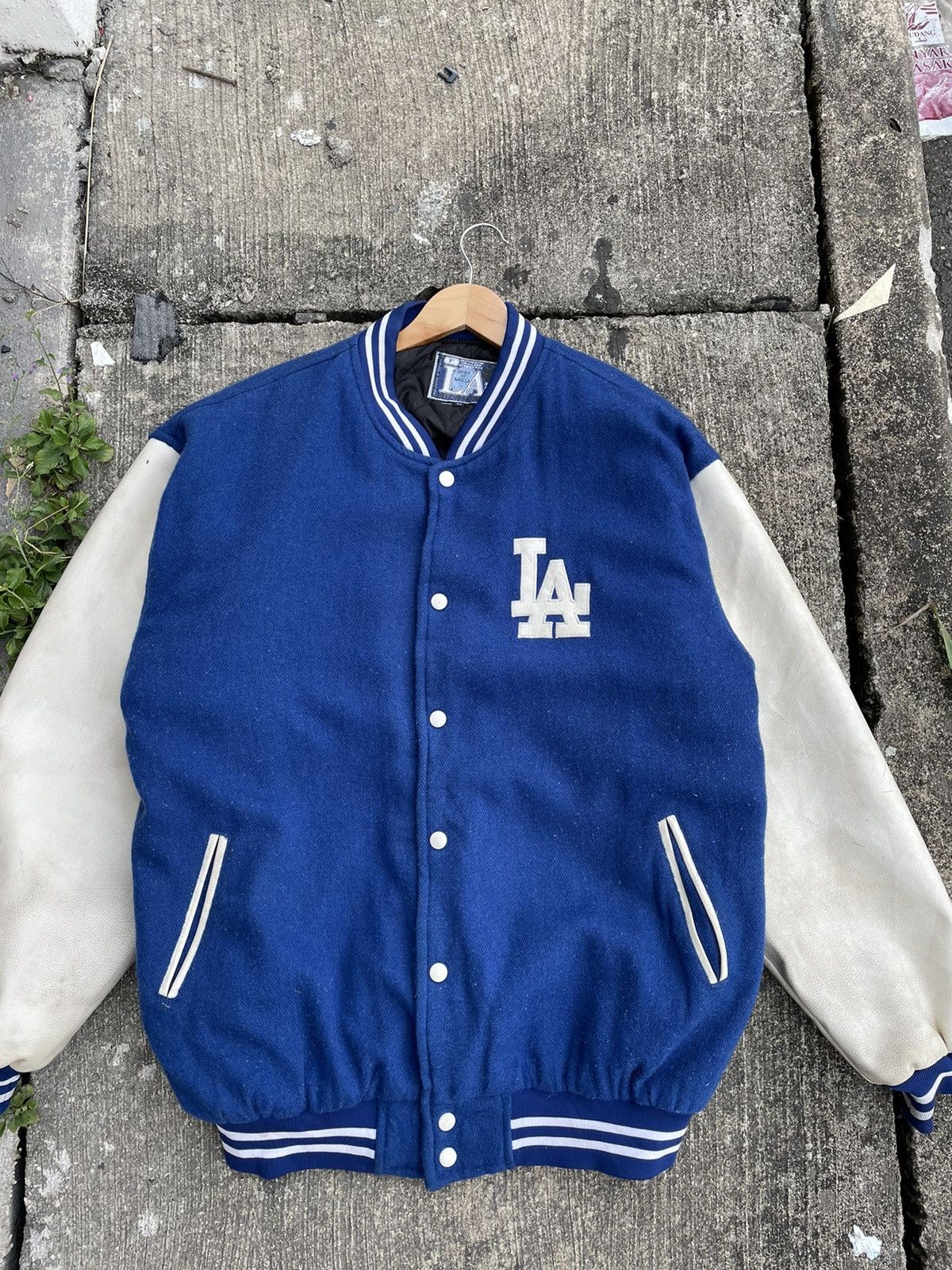 MLB Vintage LA Varsity Leather Arm Jacket Wool Leather Varsity Size US L / EU 52-54 / 3 - 2 Thumbnail
