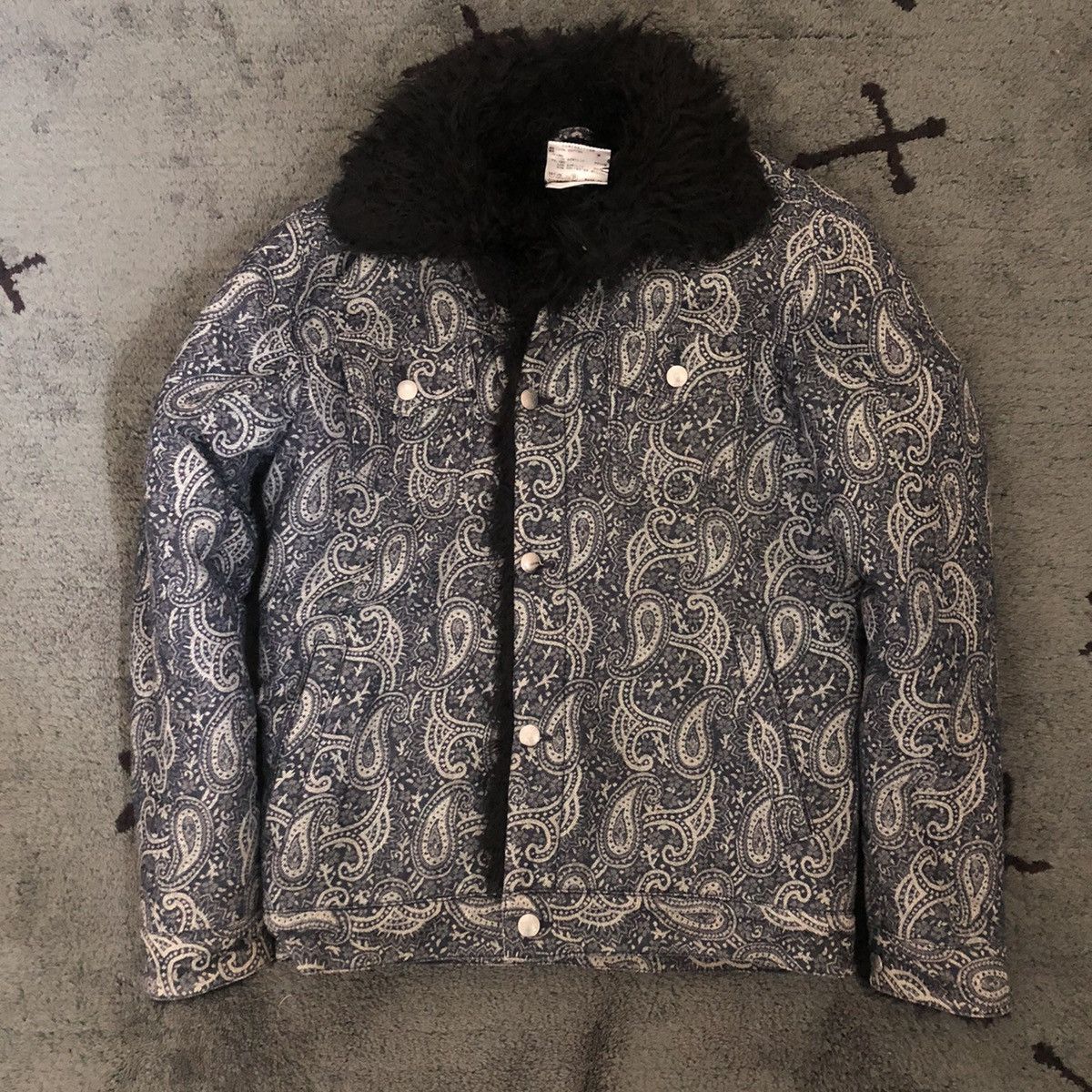Vintage 90s Katharine Hamnett Paisley Faux Fur Denim Jacket