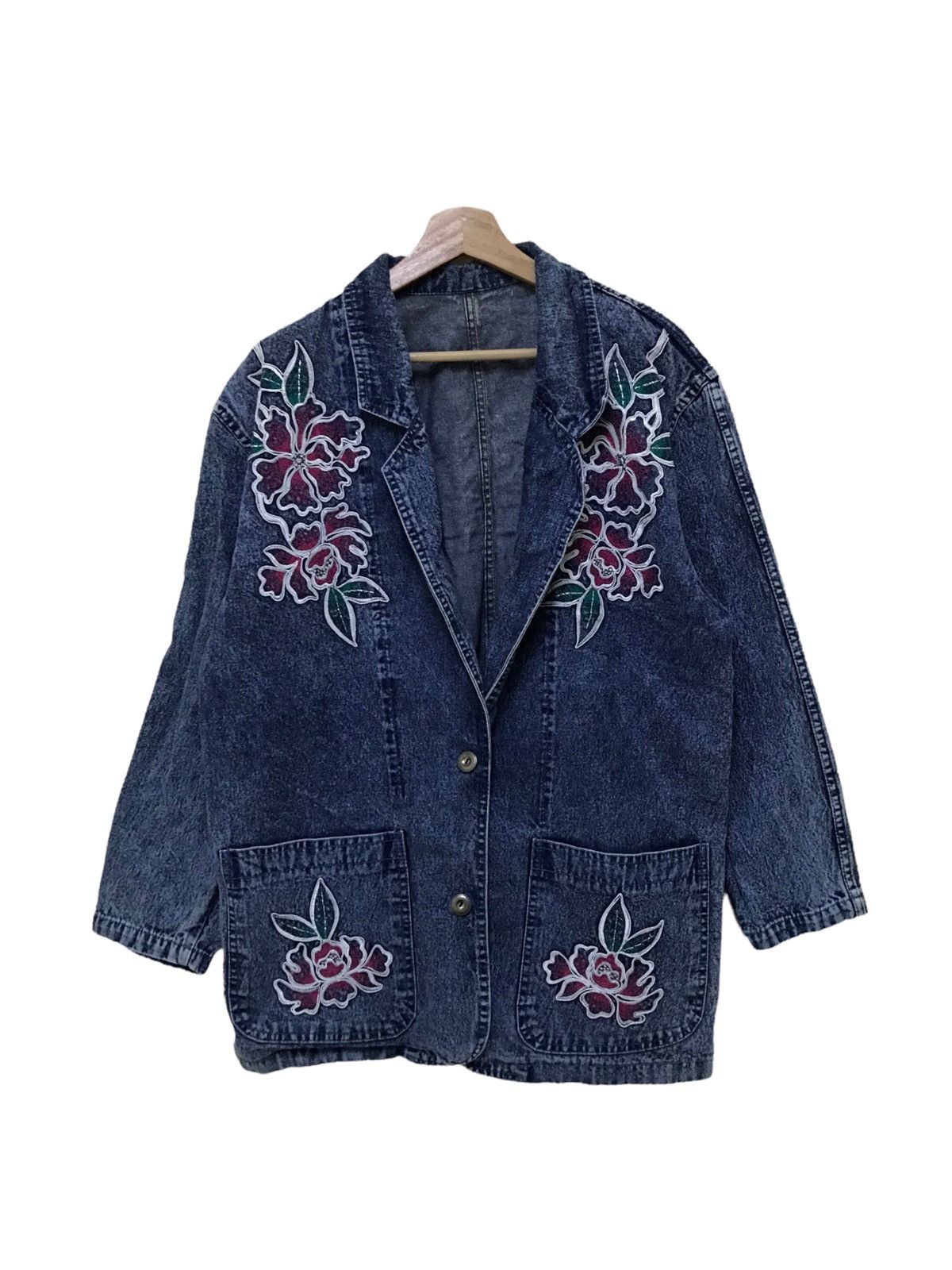 Vintage Japanese Blue Blue Denim Jacket Big Embroidery Flwer