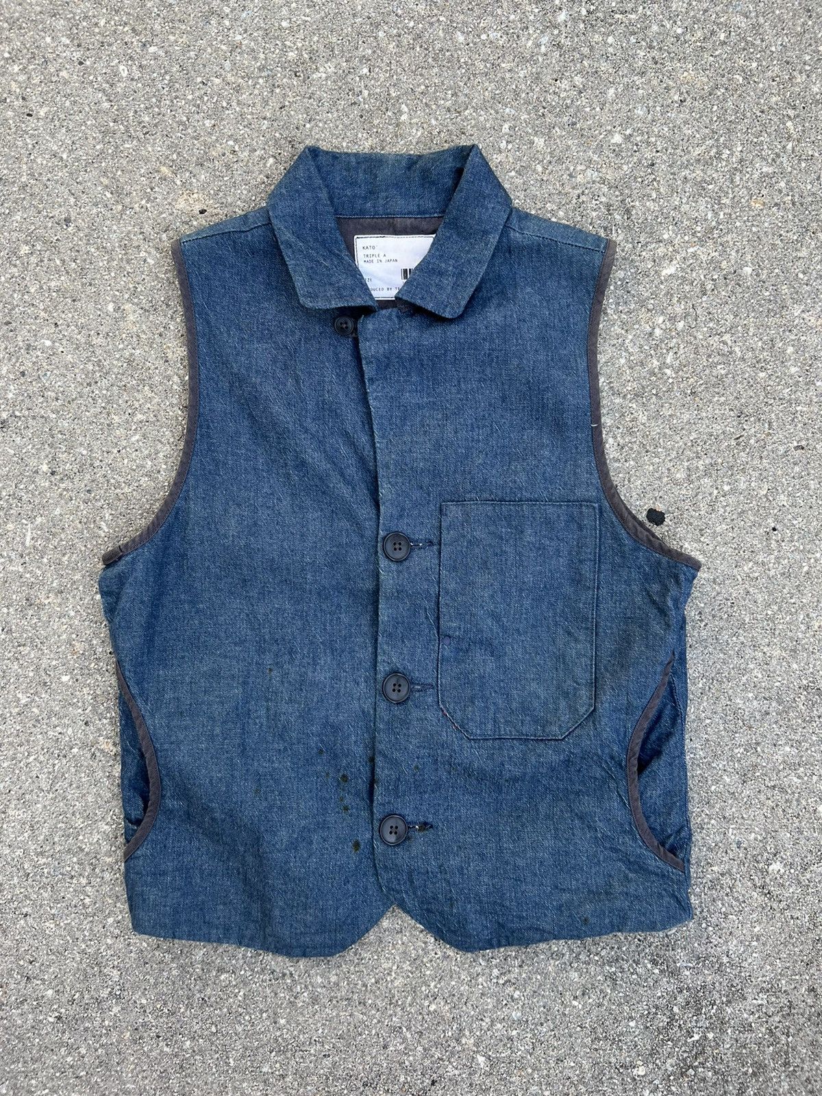 image of Hiroshi Kato x Indigo Kato Triple A Japan Dirty Indigo Denim Vest, Men's (Size Small)