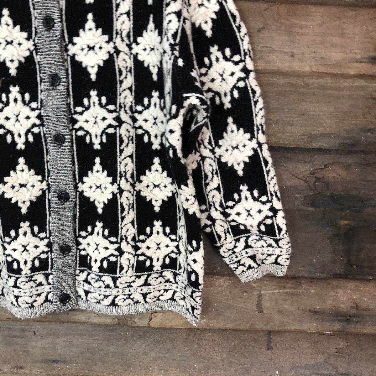 Homespun Knitwear × Vintage Bonwaltz Black Patterned Cardigans knitwear japan #6870 Size US M / EU 48-50 / 2 - 5 Thumbnail