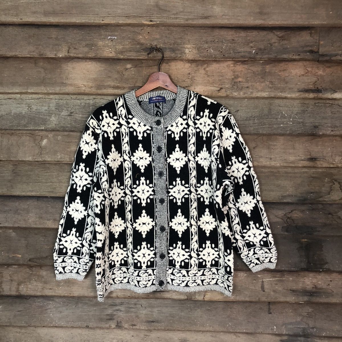 Homespun Knitwear × Vintage Bonwaltz Black Patterned Cardigans knitwear japan #6870 Size US M / EU 48-50 / 2 - 1 Thumbnail