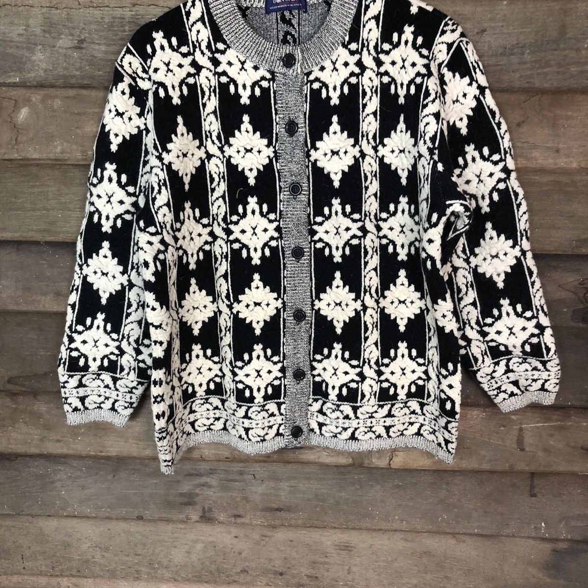 Homespun Knitwear × Vintage Bonwaltz Black Patterned Cardigans knitwear japan #6870 Size US M / EU 48-50 / 2 - 3 Thumbnail