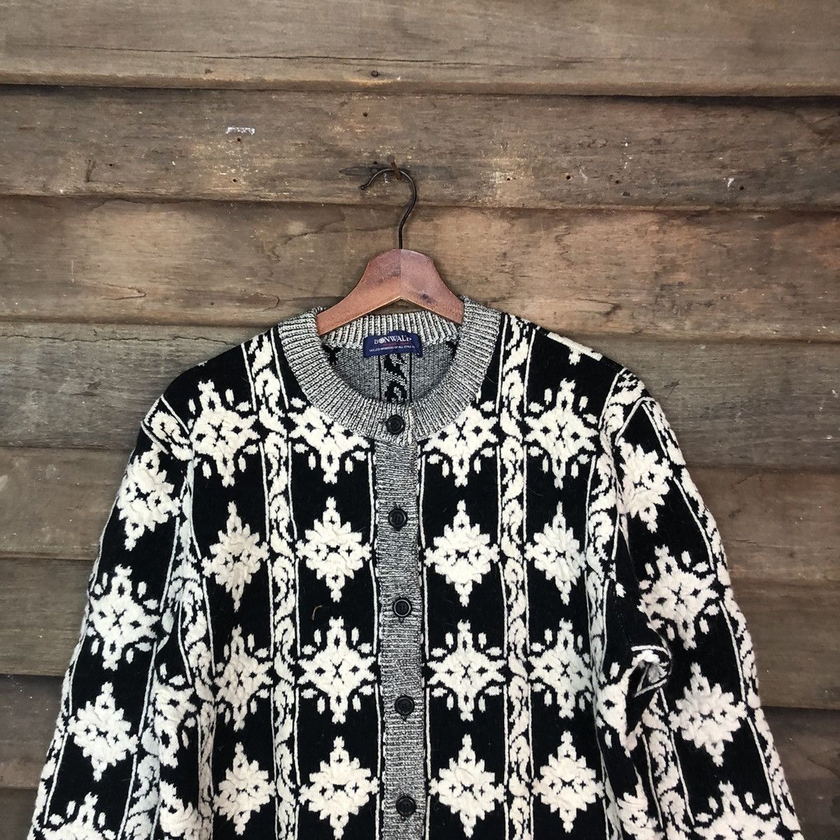 Homespun Knitwear × Vintage Bonwaltz Black Patterned Cardigans knitwear japan #6870 Size US M / EU 48-50 / 2 - 2 Thumbnail