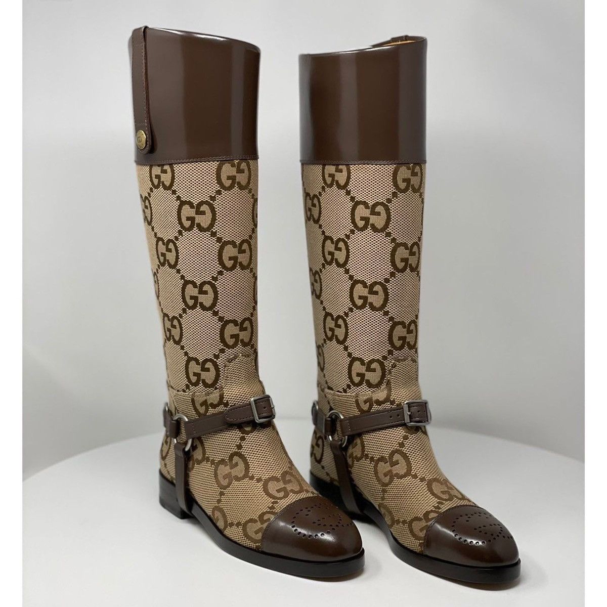 Gucci Beige/Brown GG Canvas Horsebit Knee Length Boots Size 41