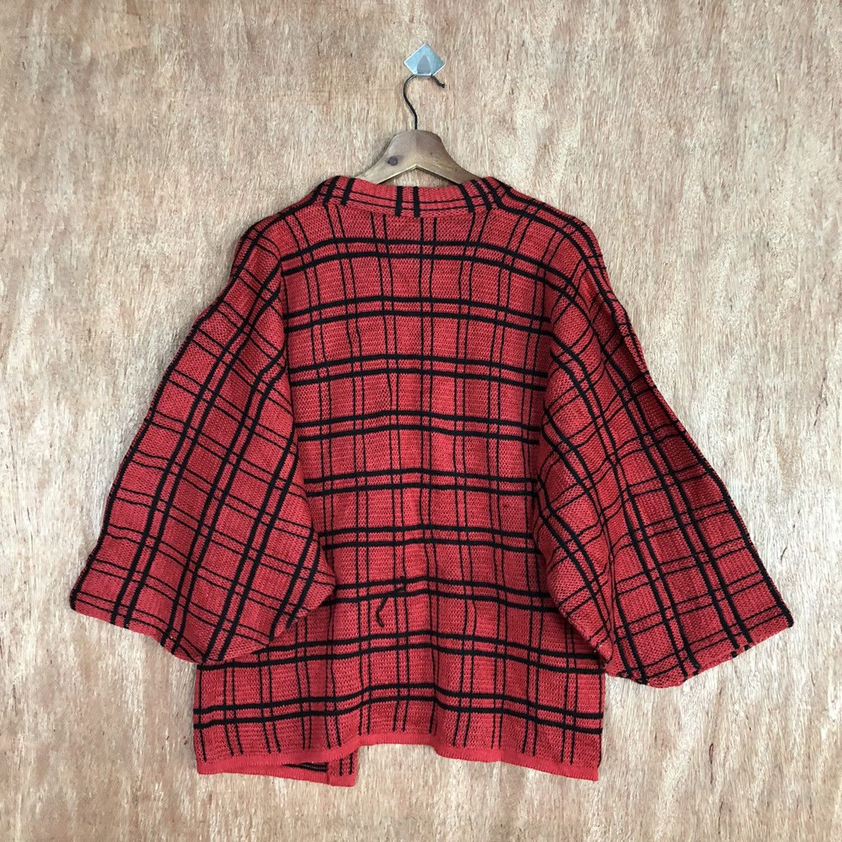 Homespun Knitwear Japan Red checkered Knit vintage cardigan Kimono #H112 Size US L / EU 52-54 / 3 - 12 Thumbnail