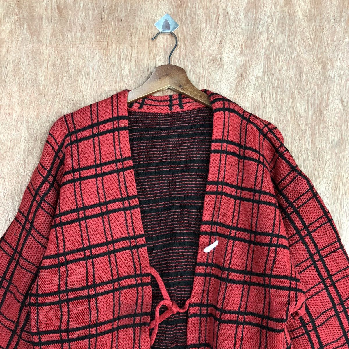 Homespun Knitwear Japan Red checkered Knit vintage cardigan Kimono #H112 Size US L / EU 52-54 / 3 - 2 Thumbnail