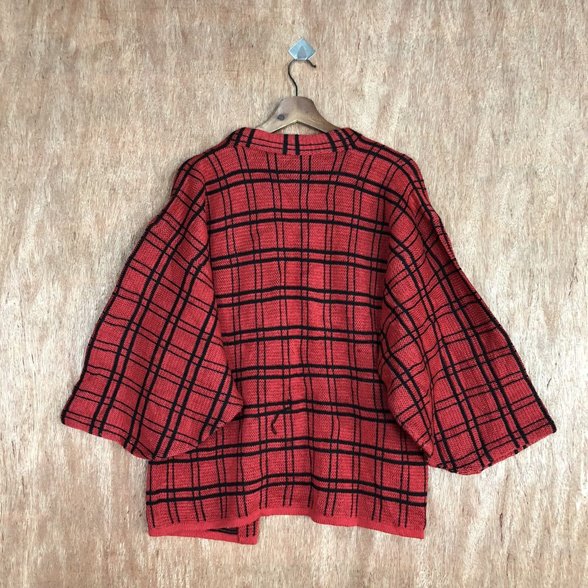 Homespun Knitwear Japan Red checkered Knit vintage cardigan Kimono #H112 Size US L / EU 52-54 / 3 - 10 Thumbnail