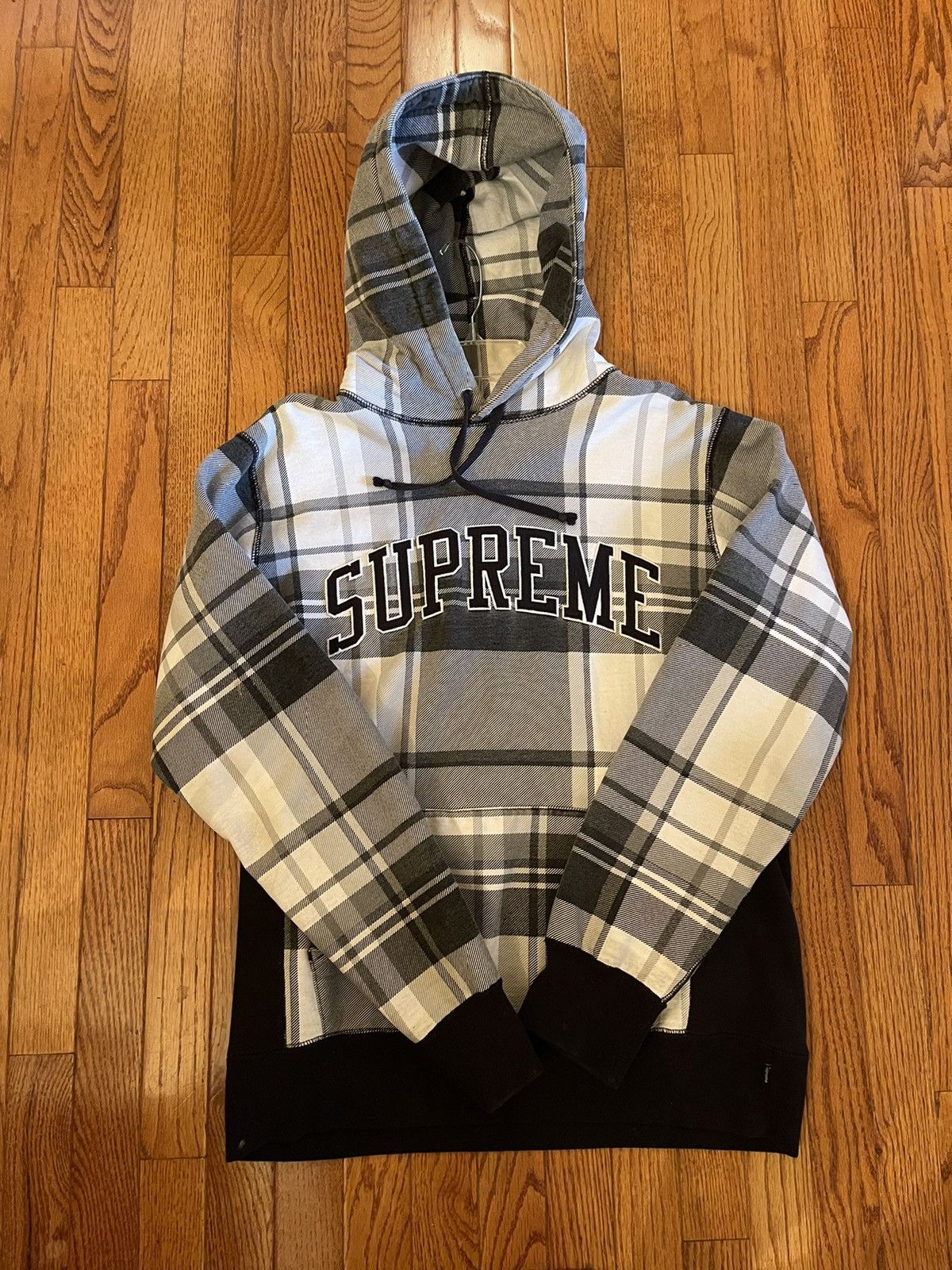 Supreme Arc Logo Plaid Sweatshirt Hoodie White Black FW14 Tops