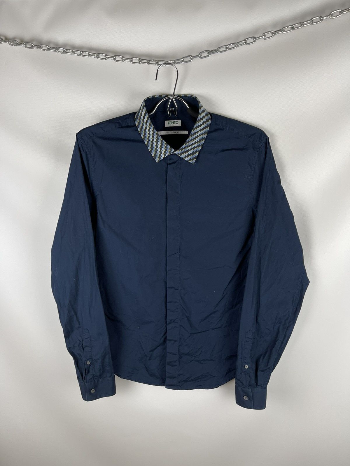 Kenzo Kenzo navy blue classic shirt with pattern geometric collar Size US M / EU 48-50 / 2 - 1 Thumbnail
