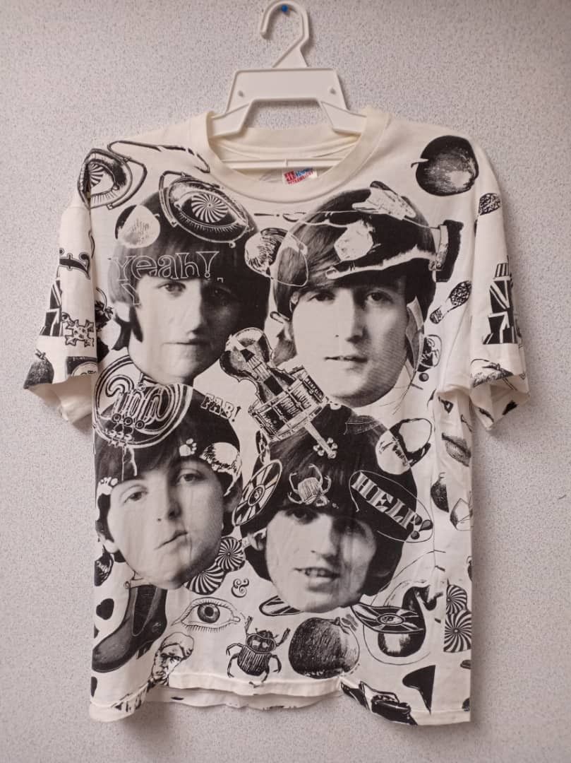 Vintage Beatles Over Print Rock Music T Shirt Rare 11/19