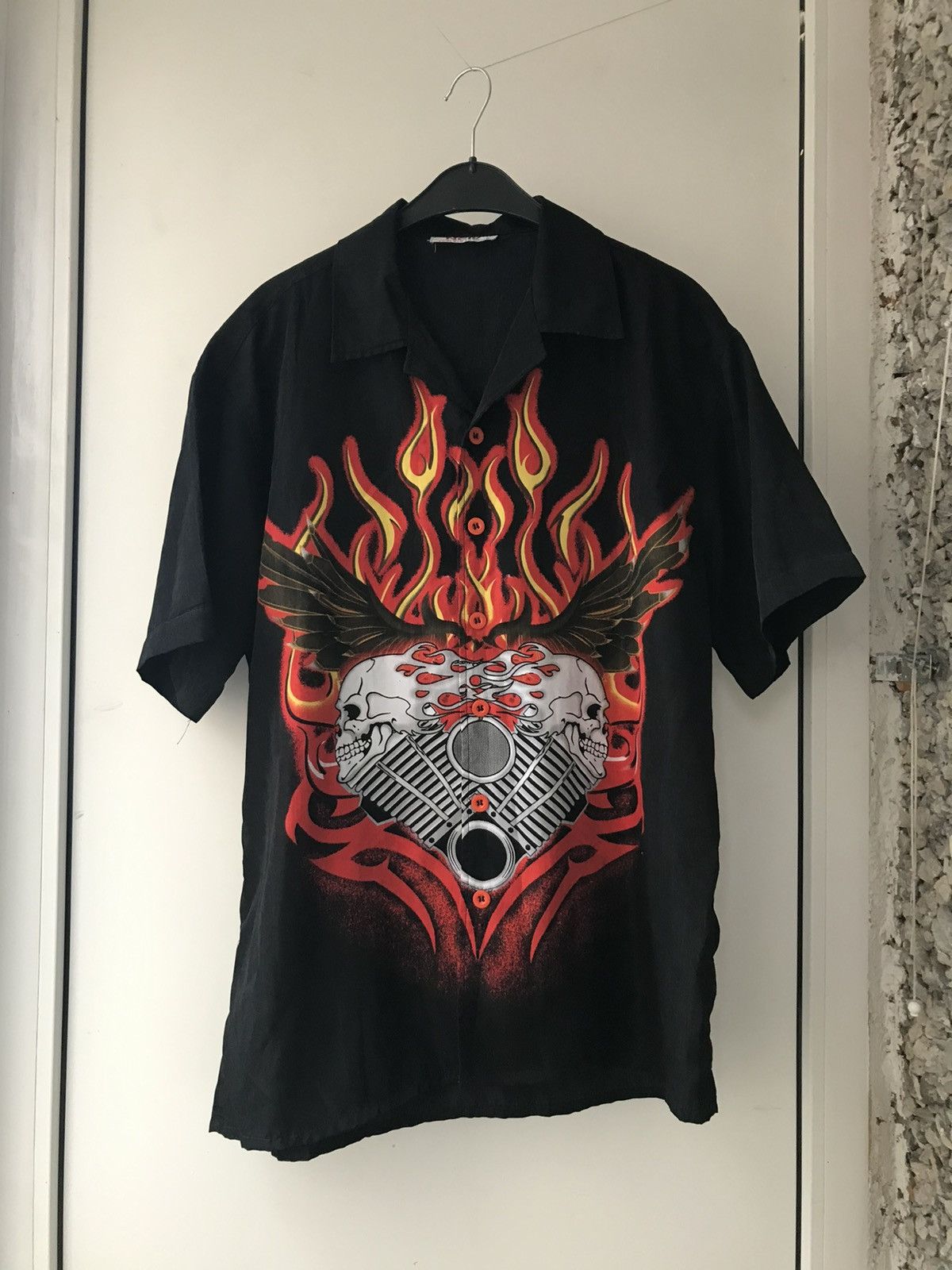 Vintage Vintage fire skull short sleeve button shirt Size US XL / EU 56 / 4 - 1 Thumbnail
