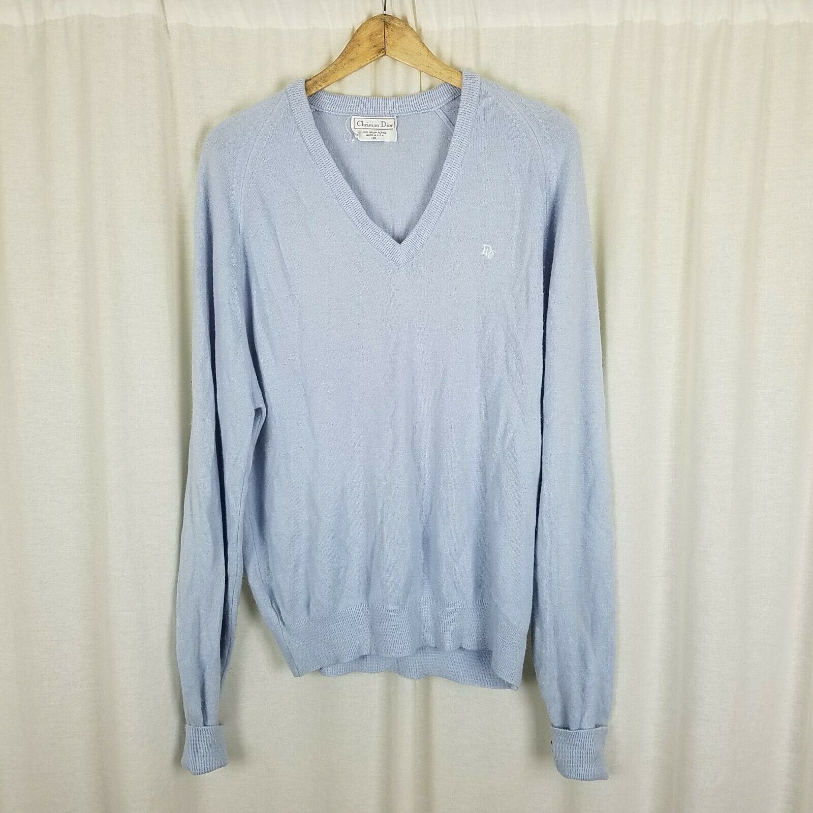 Vintage newest Christian Dior baby blue v-neck sweater womens large orlon acrylic made