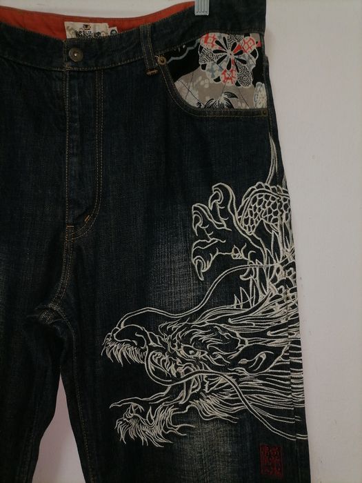 Jean Homme Karakuri Tamashii - Denim Noir Brodé Japonais - Taille 40 (42 Pouces) - Comme Neuf