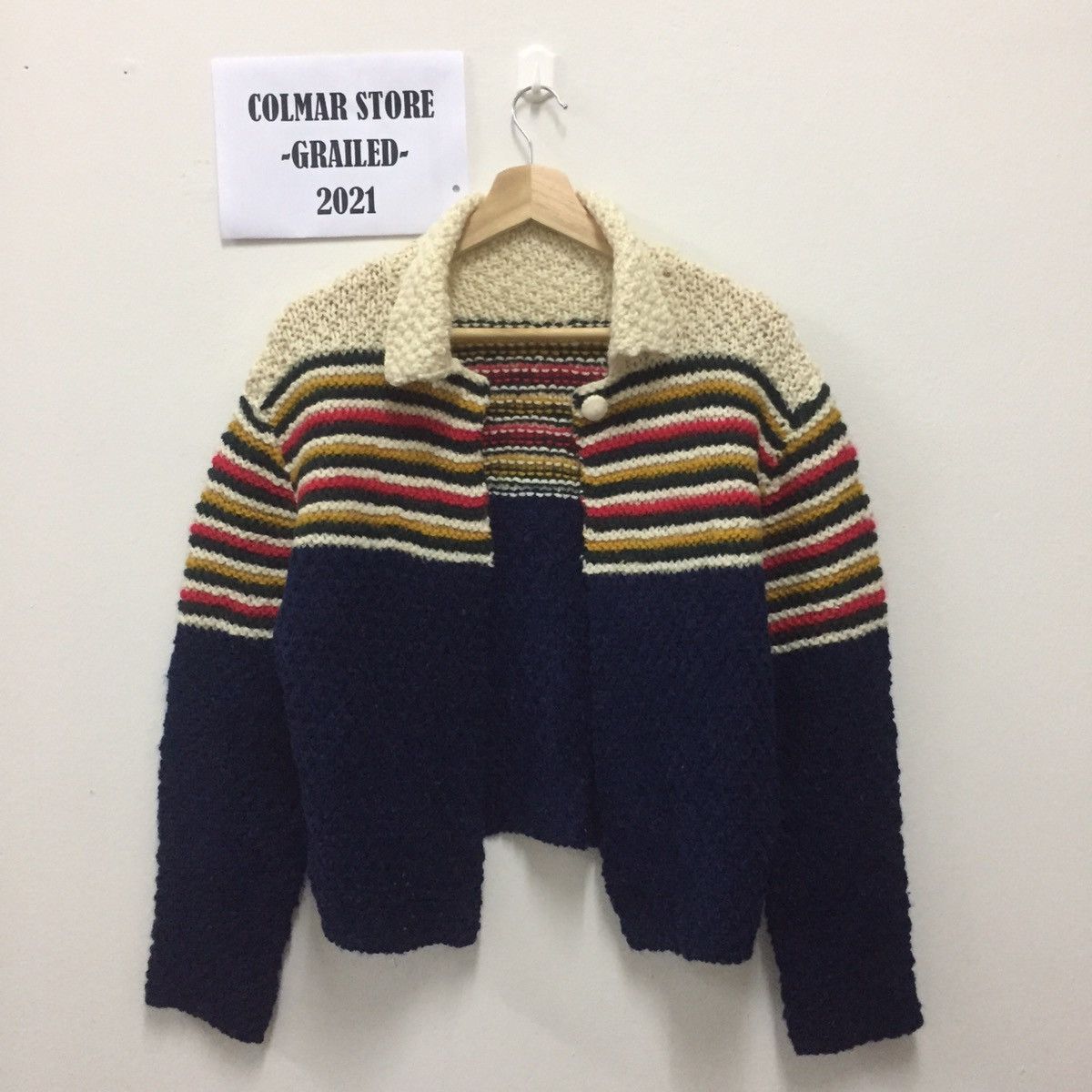 Aran Isles Knitwear Vintage Knitwear One Button Collared Striped Knit Cardigan Size US M / EU 48-50 / 2 - 1 Thumbnail