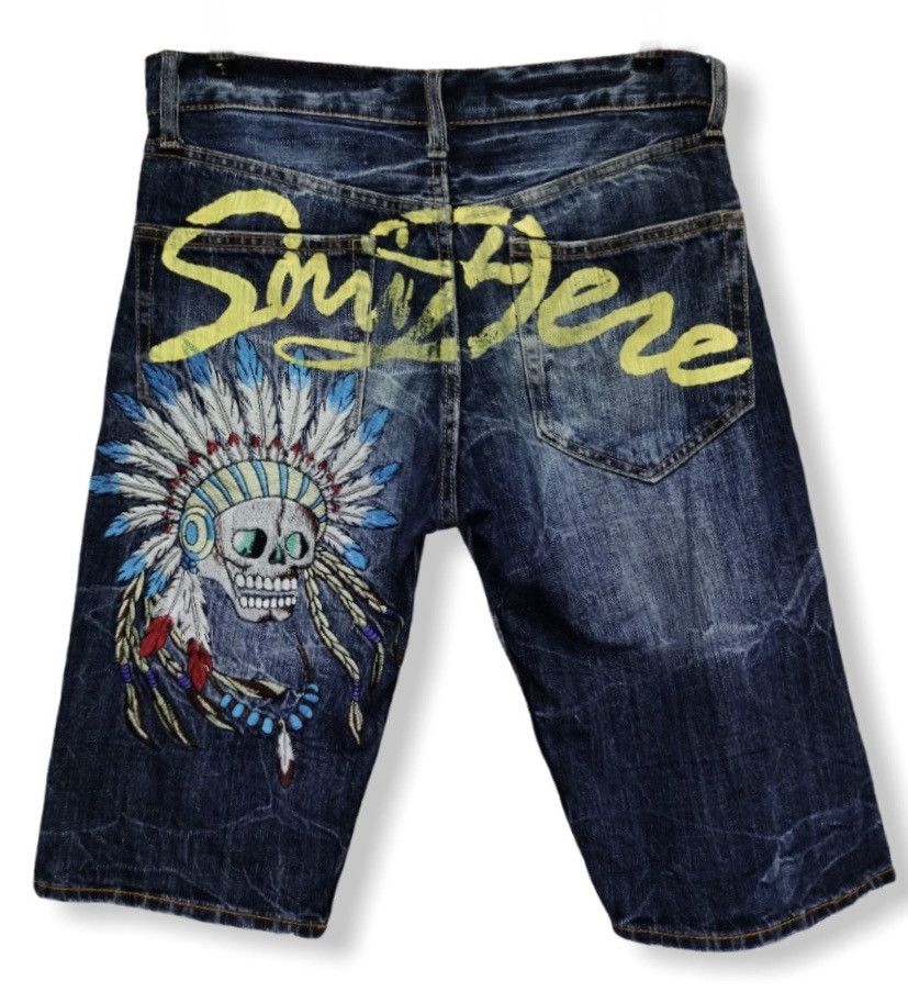 Japanese Brand SORRIDERE Indian Chief Head SKULL Embroidery Denim Shorts Size US 30 / EU 46 - 2 Thumbnail