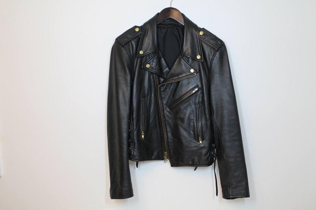 Vintage Double Rider Perfecto style black leather jacket gold metal