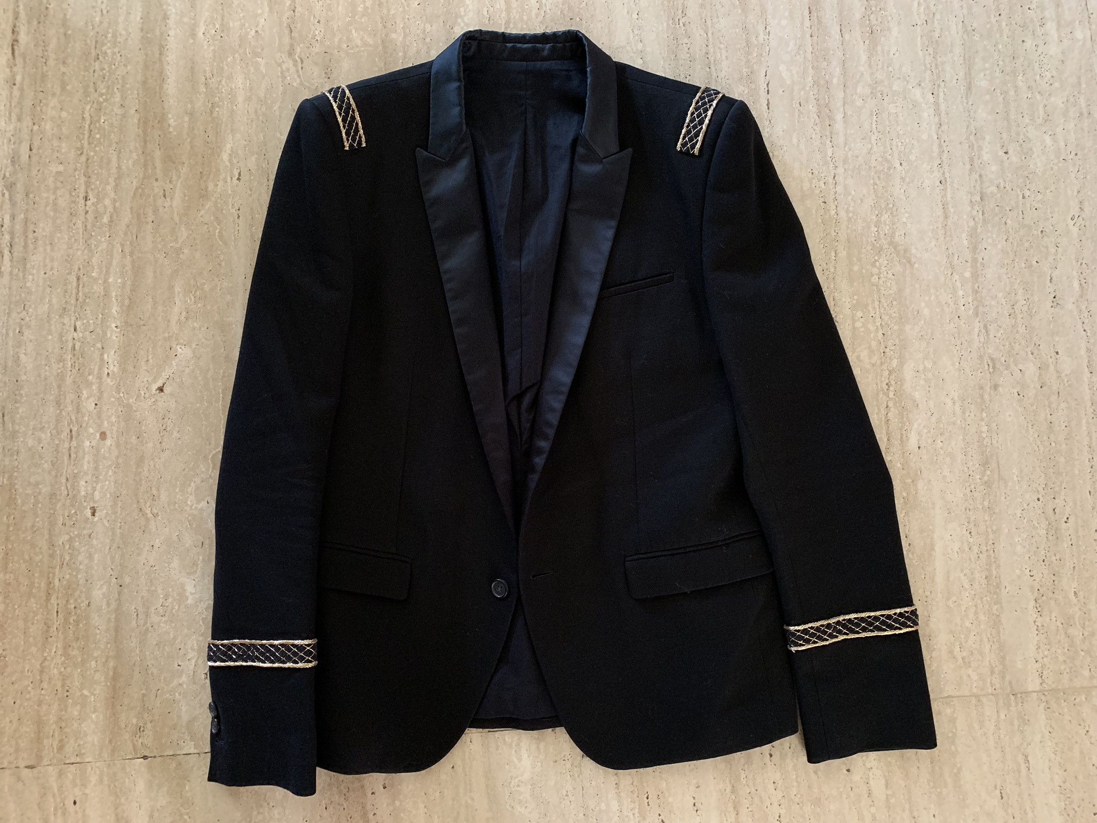 Balmain $3000+ Suit Jacket Satin Lapel And Gold Embroidery Detail Size 52L - 1 Thumbnail