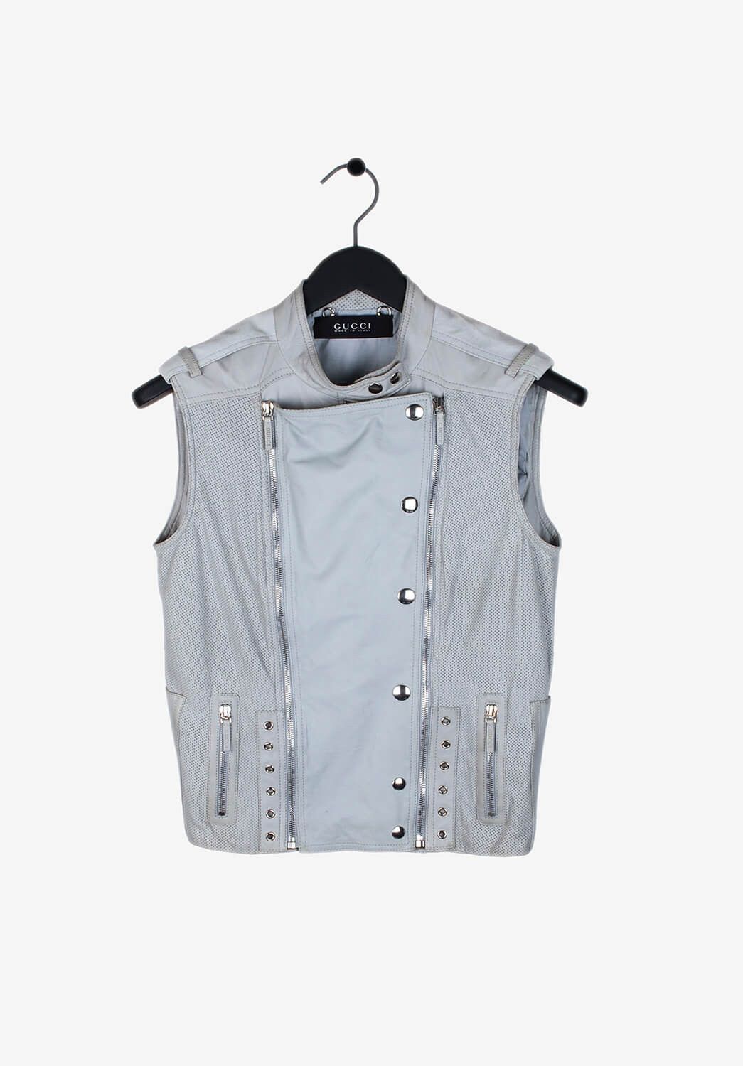 image of Original Gucci Unisex Leather Biker Vest Size 44 in Light Grey, Men's