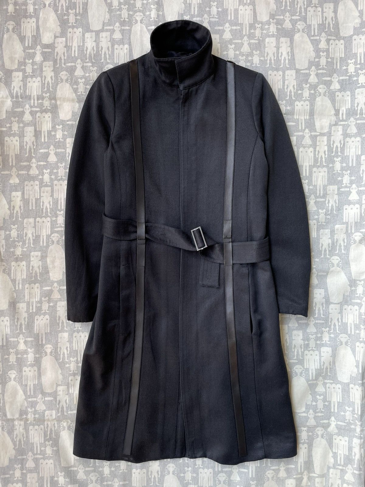 image of Dirk Bikkembergs 1990 Dirk Bikkemberg Wool Leather Straps Trench-Coat in Black, Men's (Size Small)