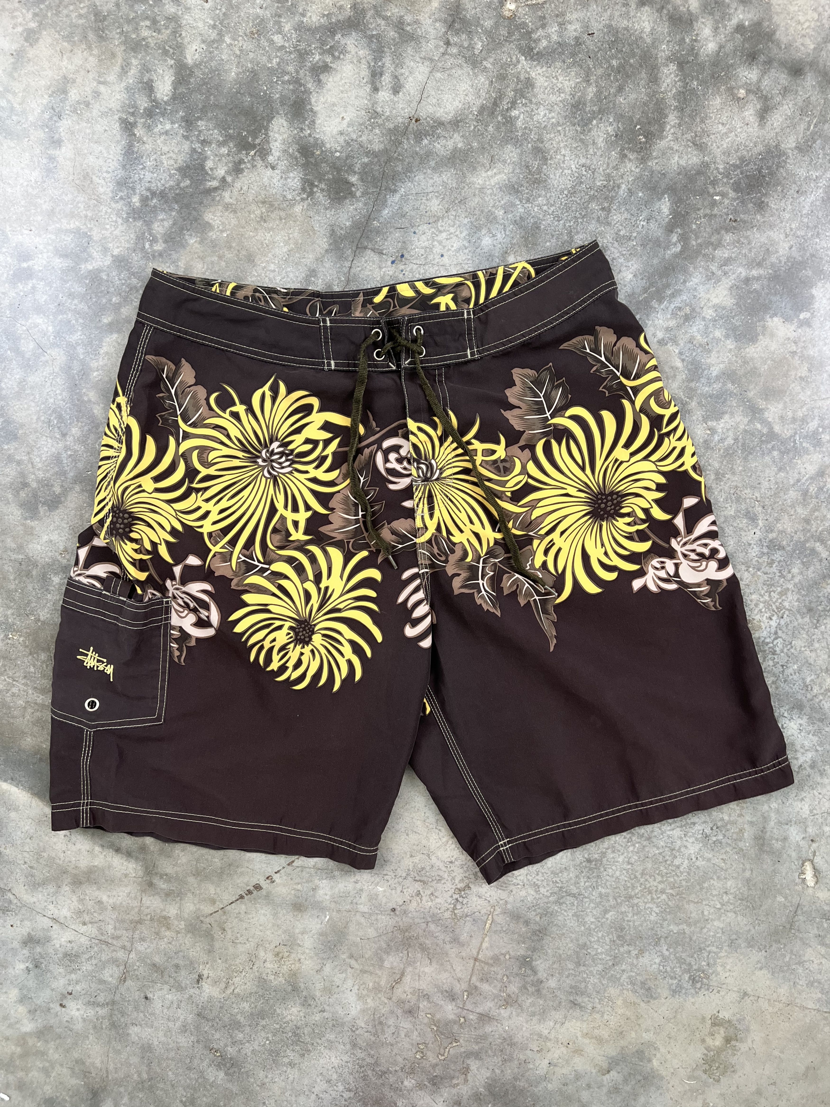 90s Stussy Brown + Yellow Cargo Board Shorts Medium