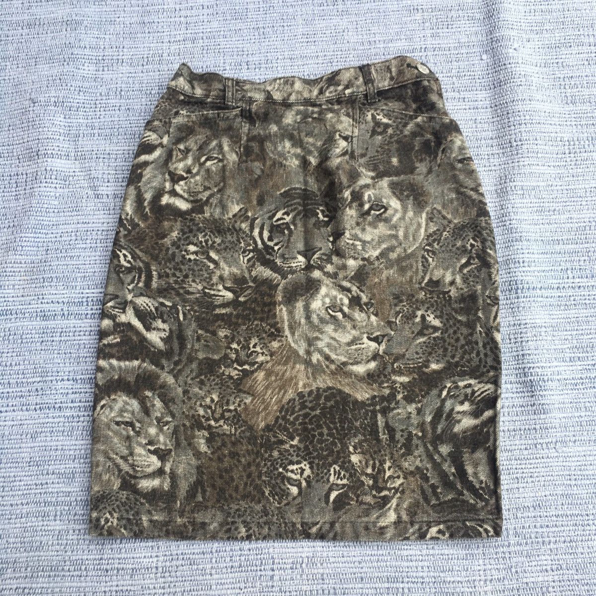 image of Kenzo Vintage Denim Skirt Tiger Printed in Grey, Women's (Size 26)