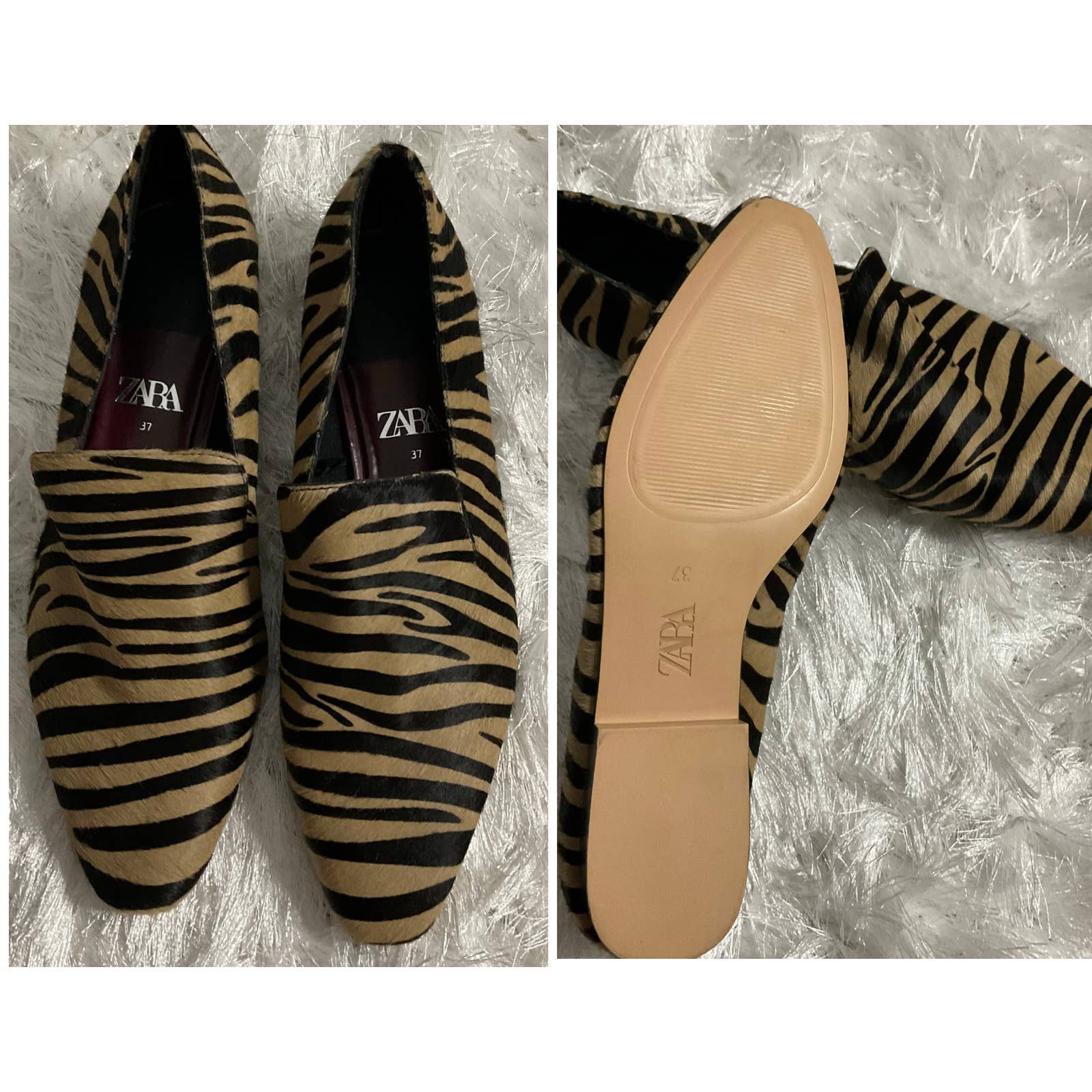 Zara Faux Fur Animal Print Low Heeled Flat Loafer