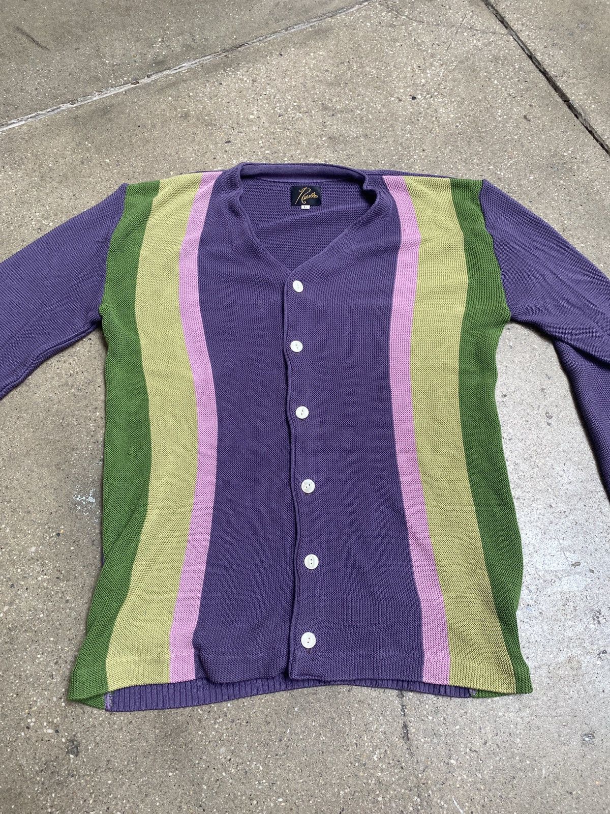 Needles Needles purple/pink/green striped cardigan knit sweater Size US L / EU 52-54 / 3 - 1 Thumbnail
