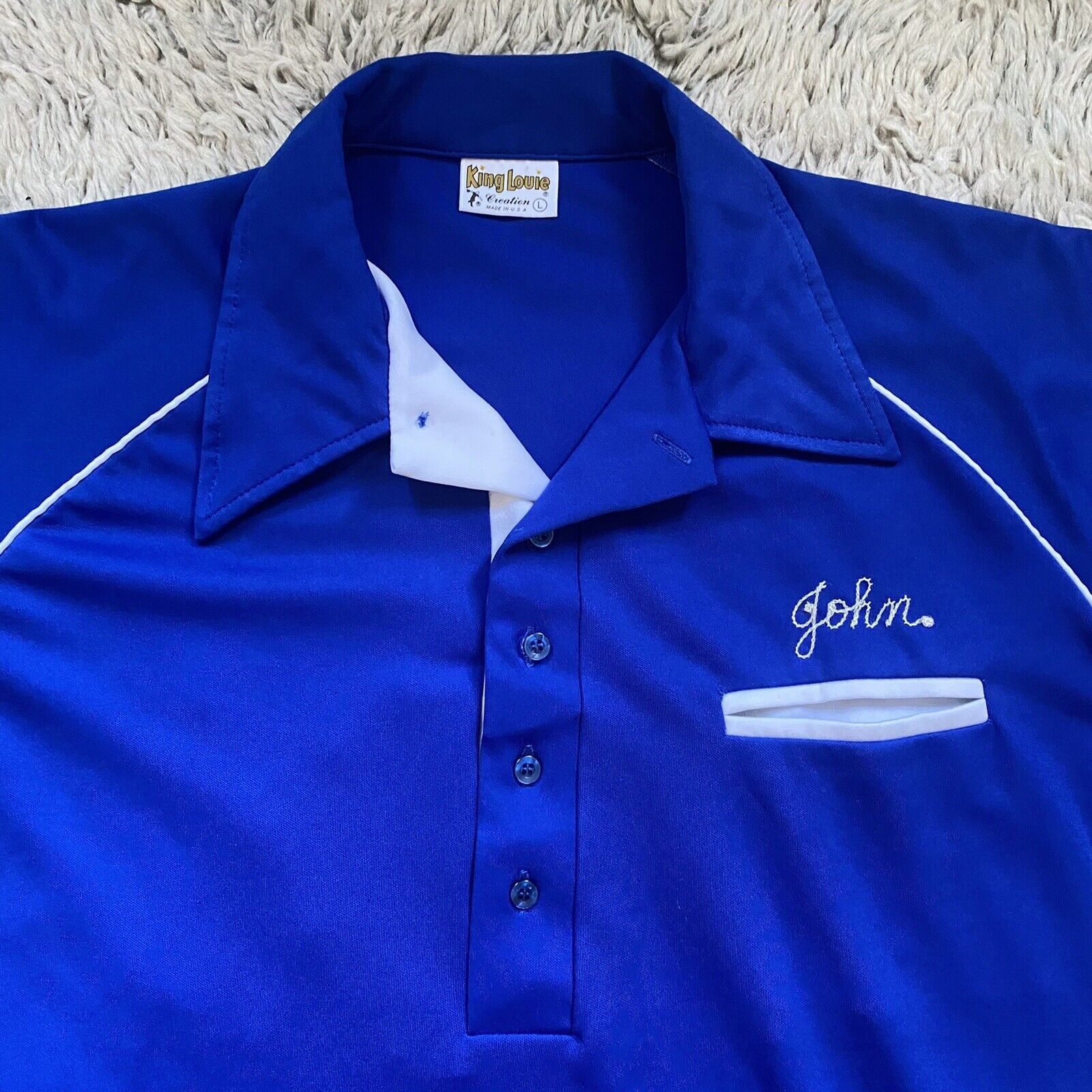 Vintage 70s Blue King Louie Polo Bowling Shirt John Chainstitch Size US L / EU 52-54 / 3 - 1 Thumbnail