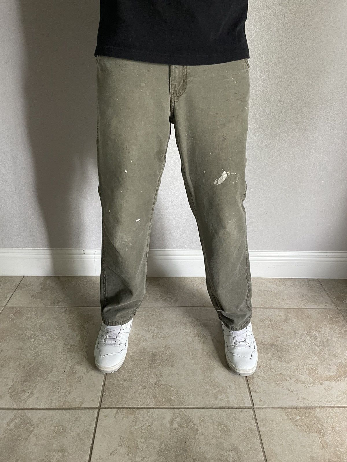Vintage 1990s Carpenter Workwear Pants Faded Olive Green 34x30 Size US 34 / EU 50 - 2 Thumbnail
