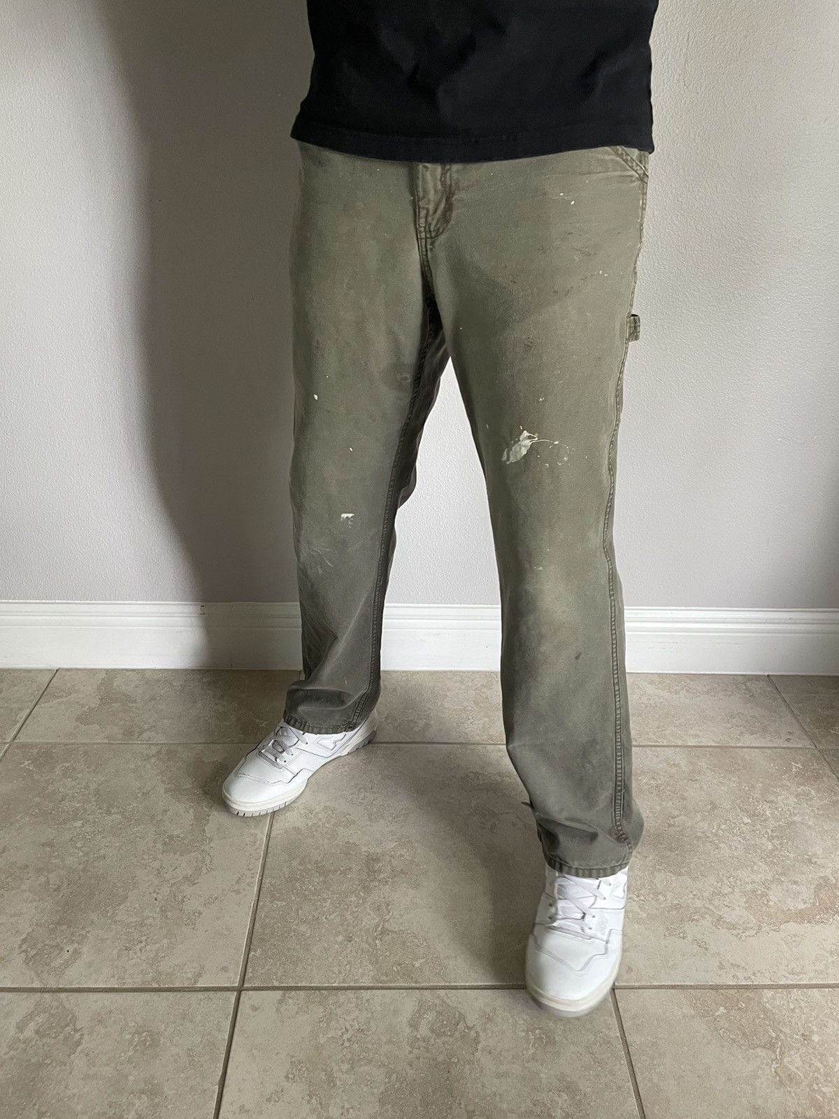Vintage 1990s Carpenter Workwear Pants Faded Olive Green 34x30 Size US 34 / EU 50 - 1 Thumbnail