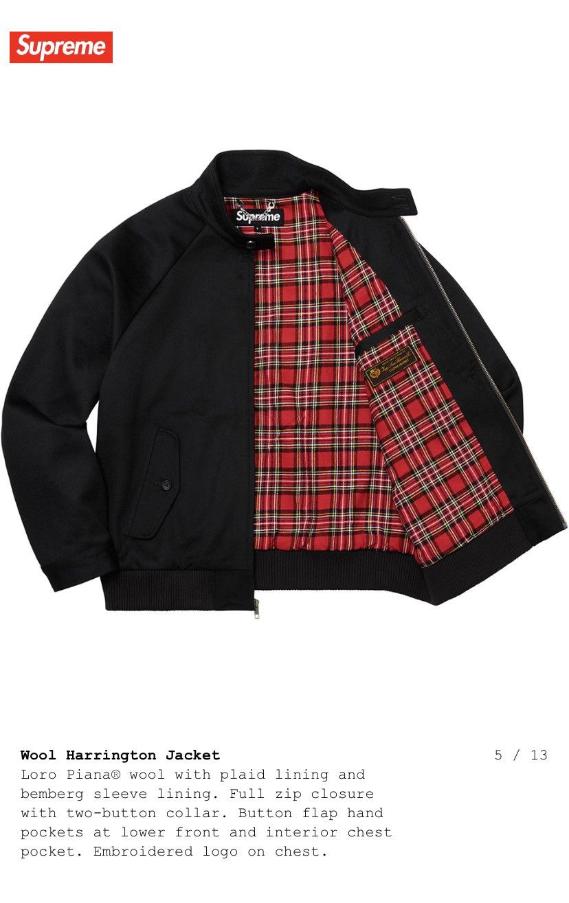 Supreme F/W19 Wool Harrington Jacket Loro Piana Red Plaid