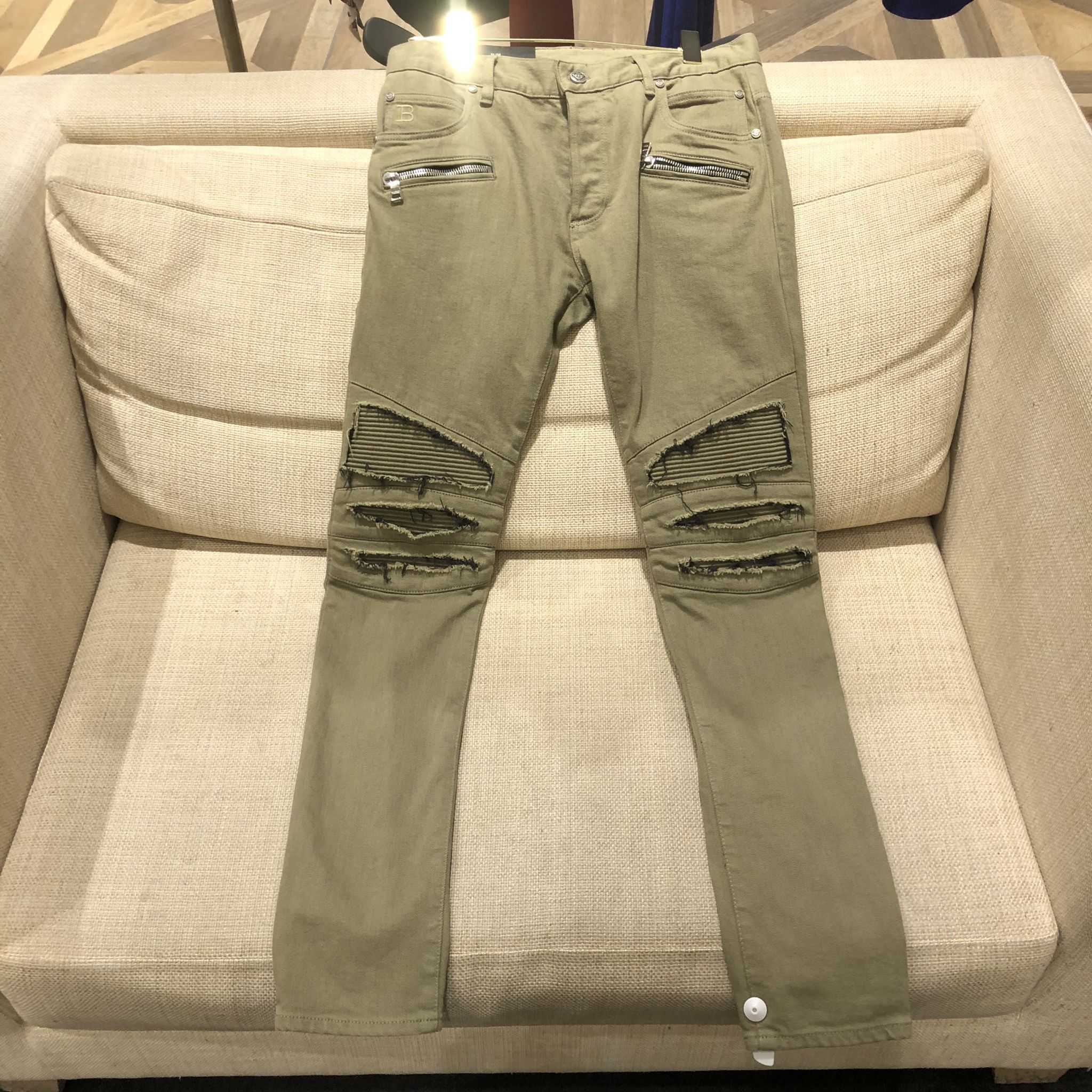 Image of Balmain Ribbed Patches Slim Jeans In Khaki Color, Men's (Size 30)