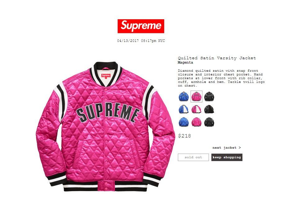 直売所店舗 Supreme QUILTED SATIN VARSITY JACKET ピンク - メンズ