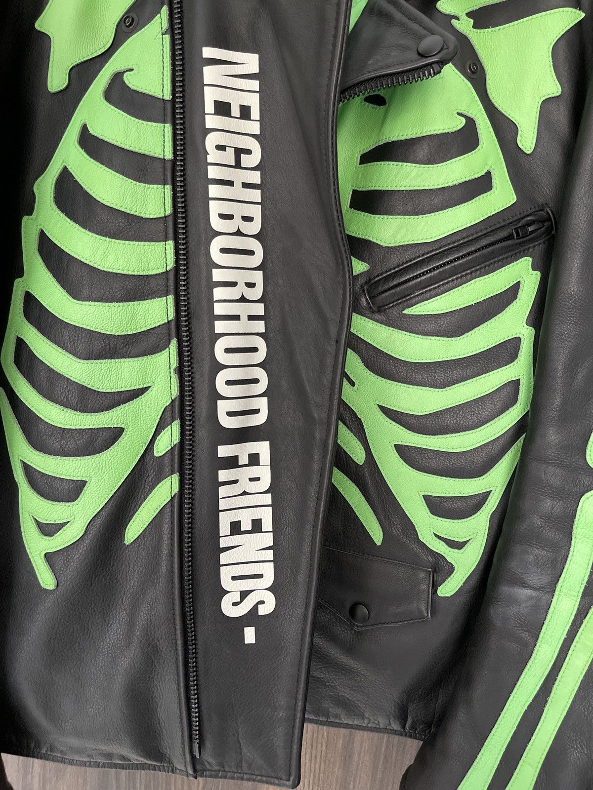 Vlone x Neighborhood Skeleton Leather Jacket Black Green