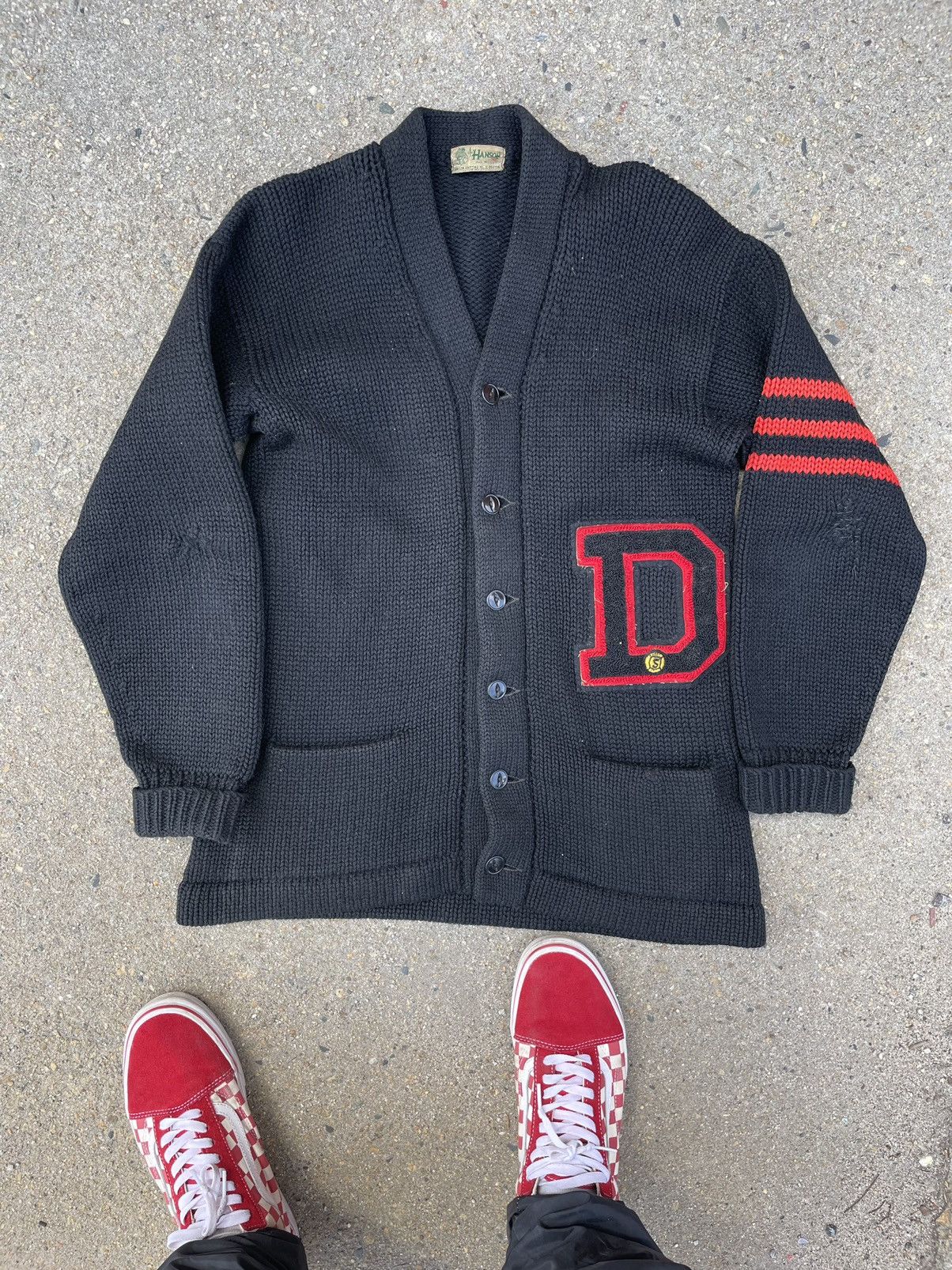 Vintage 70s Wool Highschool Letterman Patch Cardigan sweater 80s Size US L / EU 52-54 / 3 - 1 Thumbnail