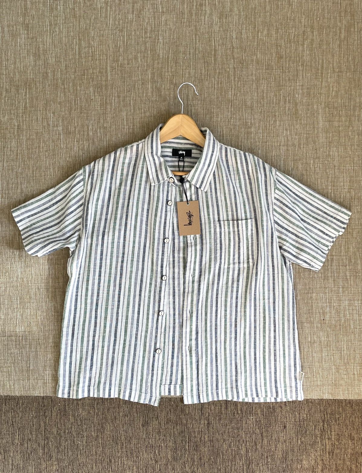 トップス STUSSY WRINKLY COTTON GAUZE SHIRT Stussy Wrinkly Cotton Gauze SS Shirt - Stripe | Garmentory