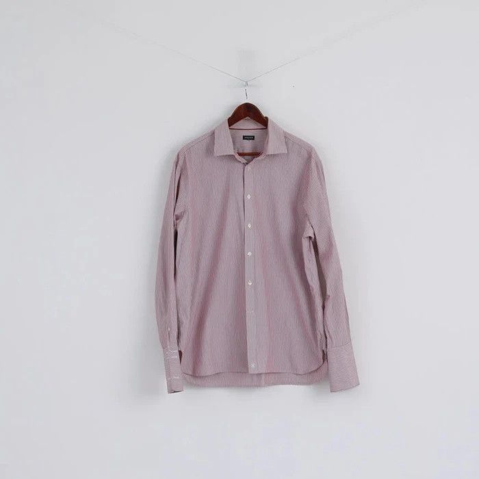Jaeger Jaeger Men 17.5 XL Casual Shirt Burgundy Striped 3743 Size US XL / EU 56 / 4 - 1 Thumbnail