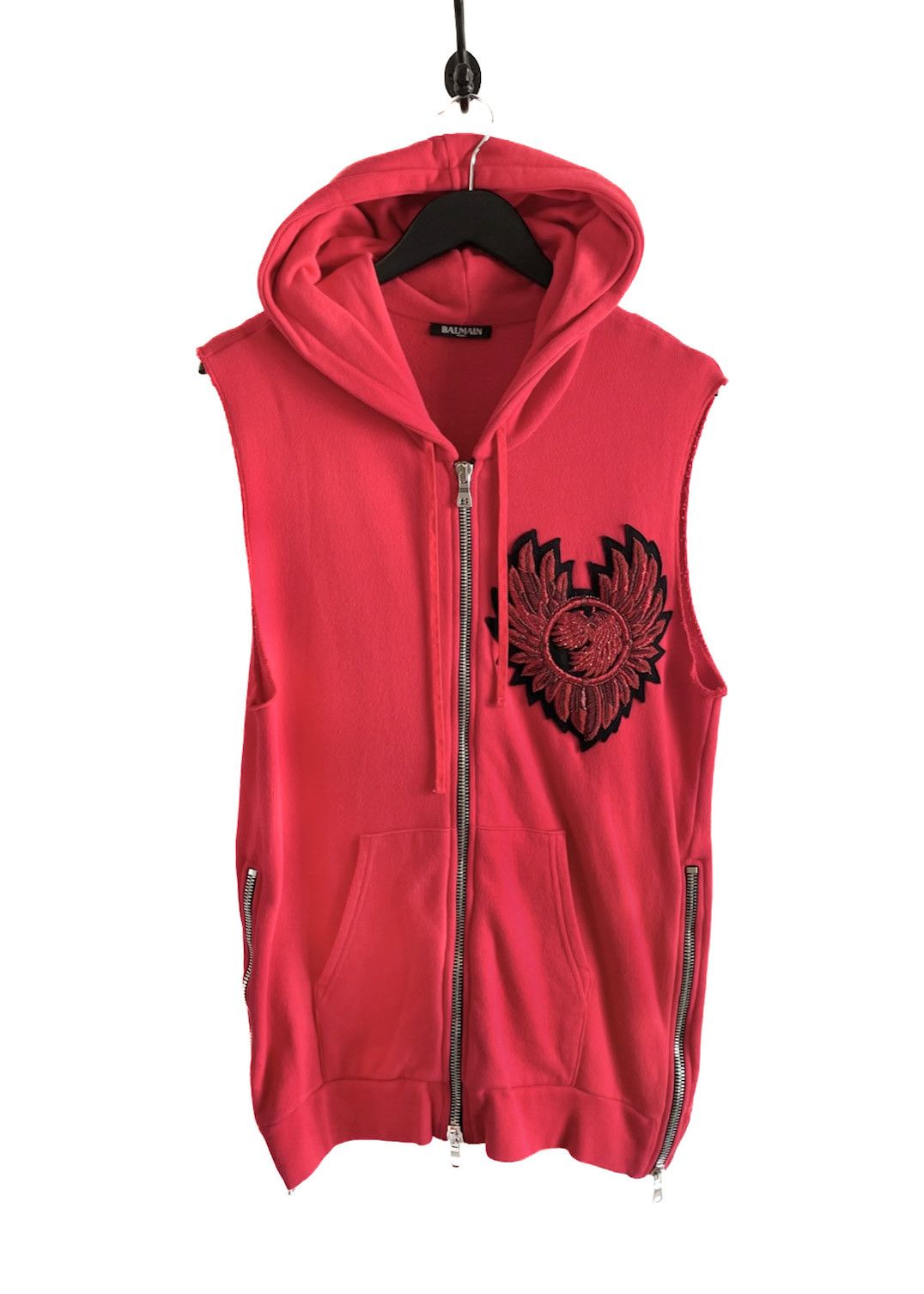Balmain Red Sleeveless Zipped-up Embroidered Hoodie Vest