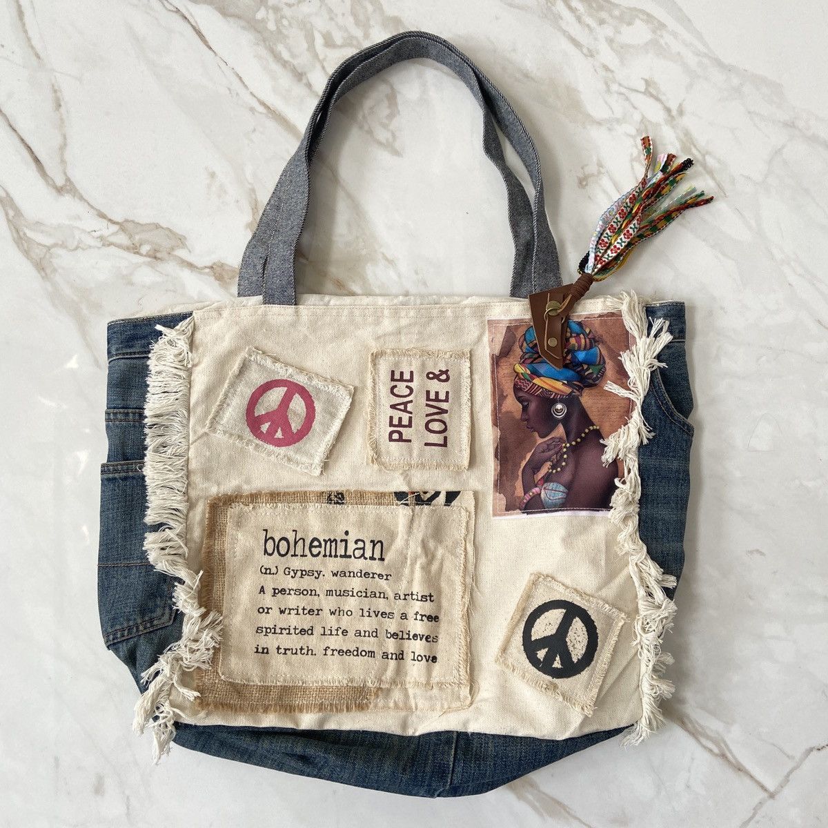 image of 20471120 x Beauty Beast Unknown - Bohemian Rework Denim Patchwork Tote Bag, Women's