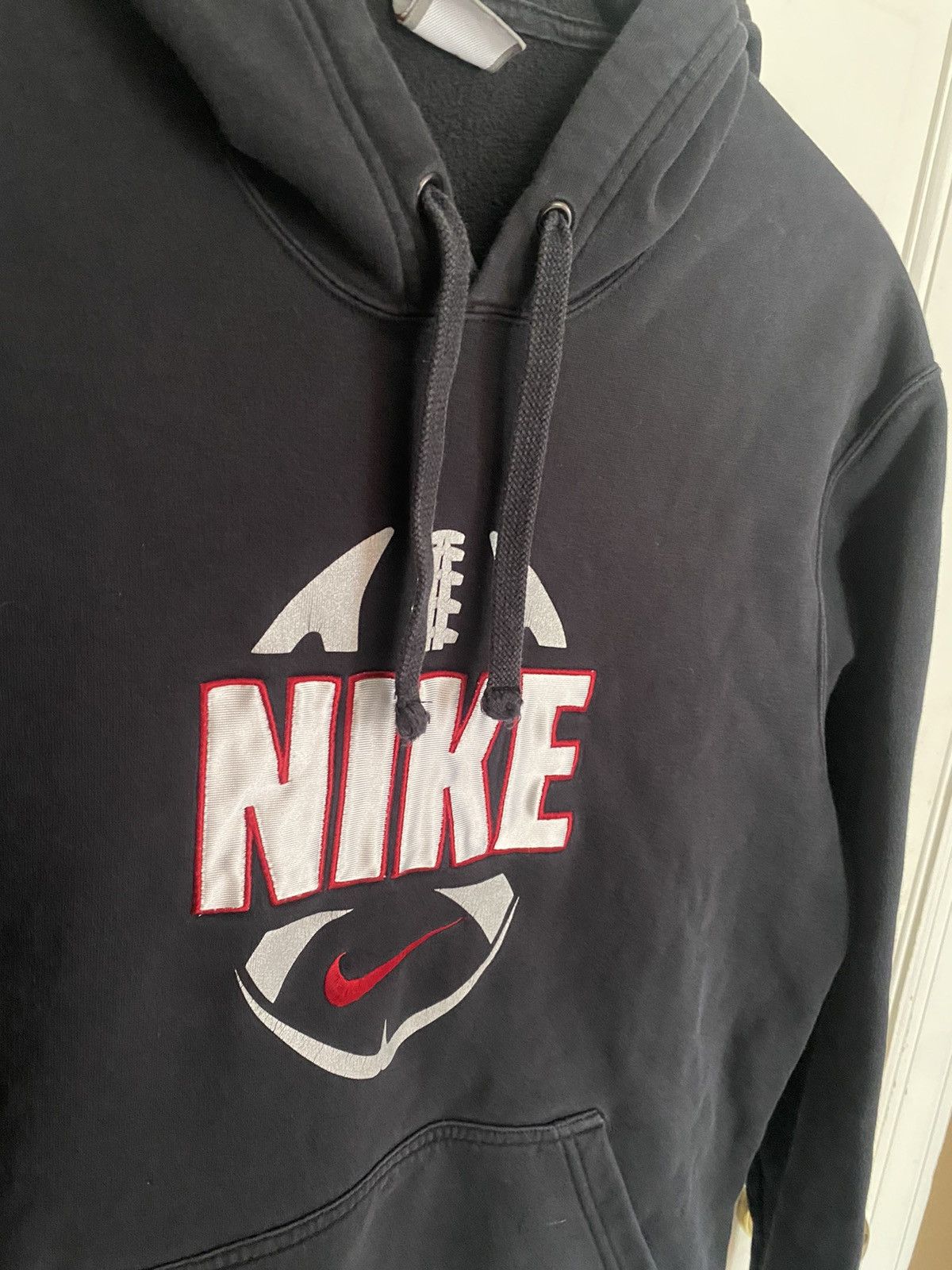 Vintage Nike Embroidered Black Football Hoodie W Red Swoosh