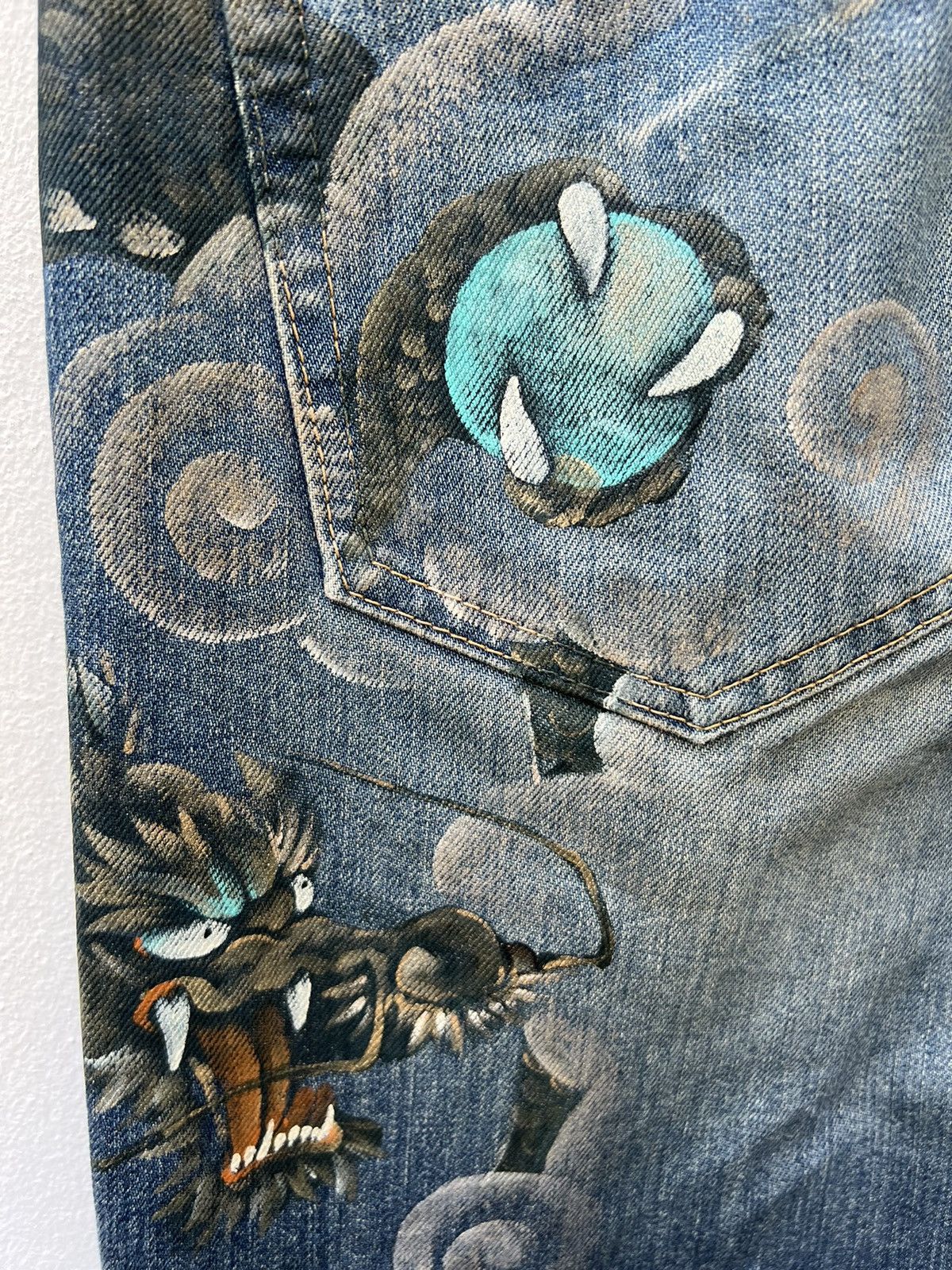 Vintage VTG Namino Ritatsujin Japan Clouds Dragon Denim Flare Jeans Size US 34 / EU 50 - 5 Thumbnail
