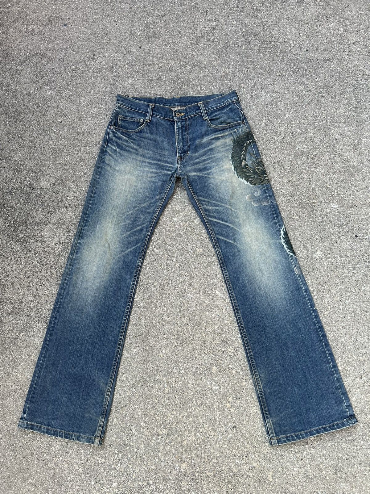 Vintage VTG Namino Ritatsujin Japan Clouds Dragon Denim Flare Jeans Size US 34 / EU 50 - 2 Thumbnail