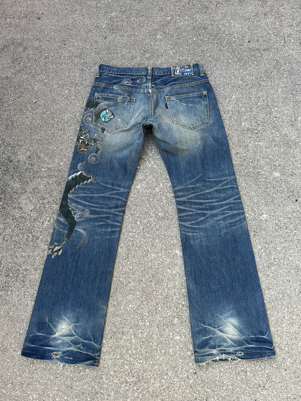 Image of Vintage VTG Namino Ritatsujin Japan Clouds Dragon Denim Flare Jeans, Men's (Size 34)